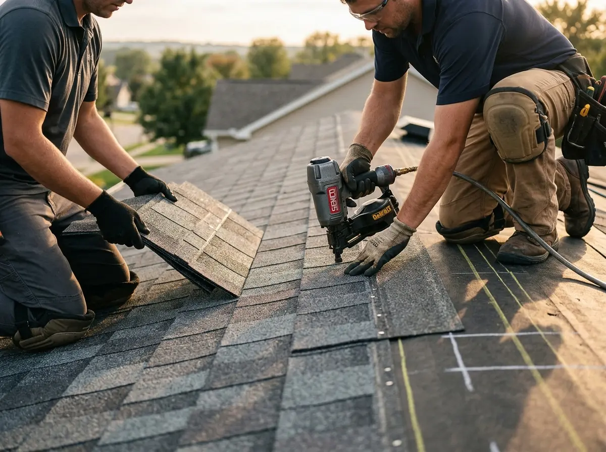 Professional roofer working on a residential roof in Leominster